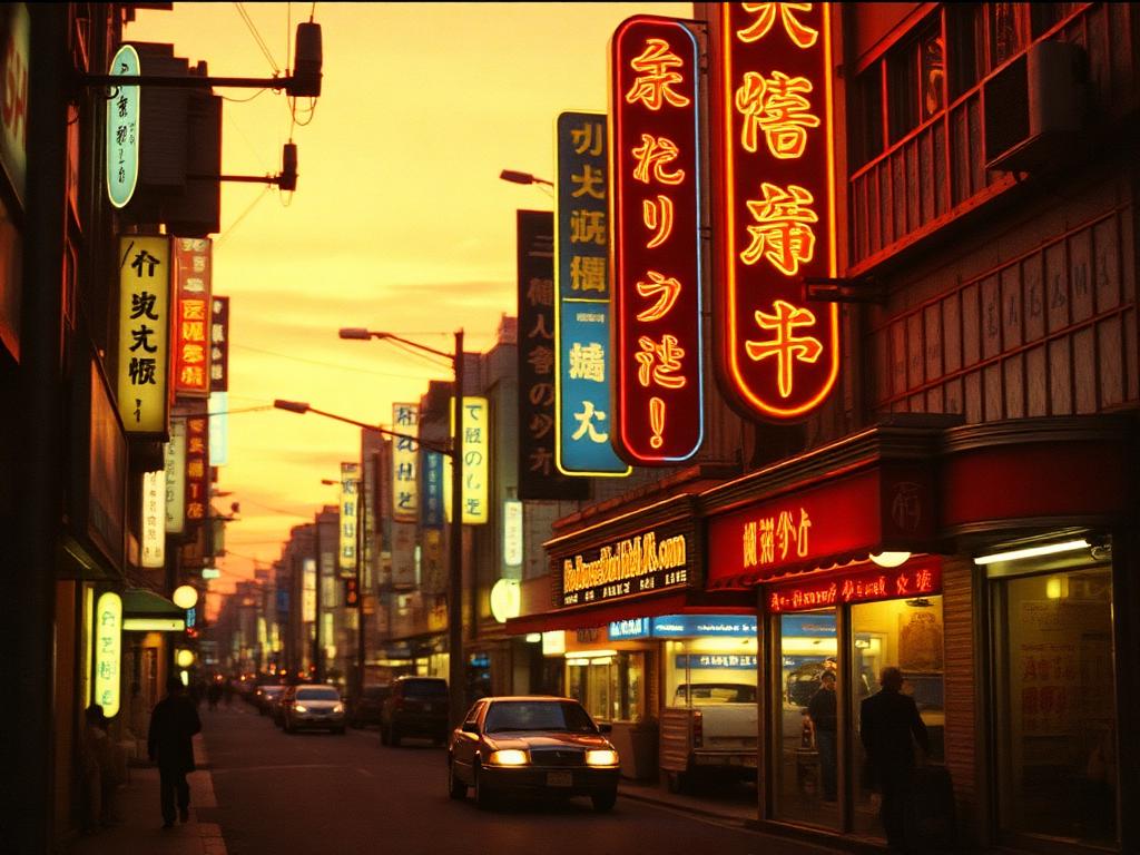 Calle con neones al atardecer